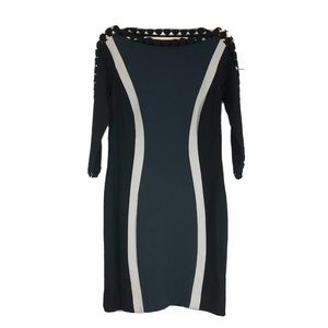 Jaeger London Colorblock Wool Sheath Dress Long Sleeves Green Black Sz 8
